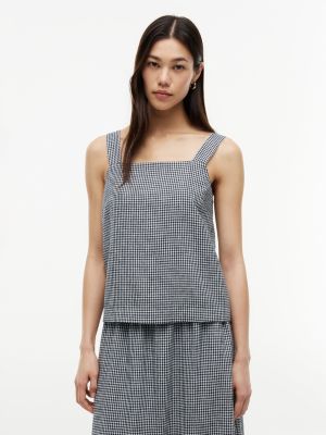 Gingham Linen-Blend Tank Top, Navy Blue
