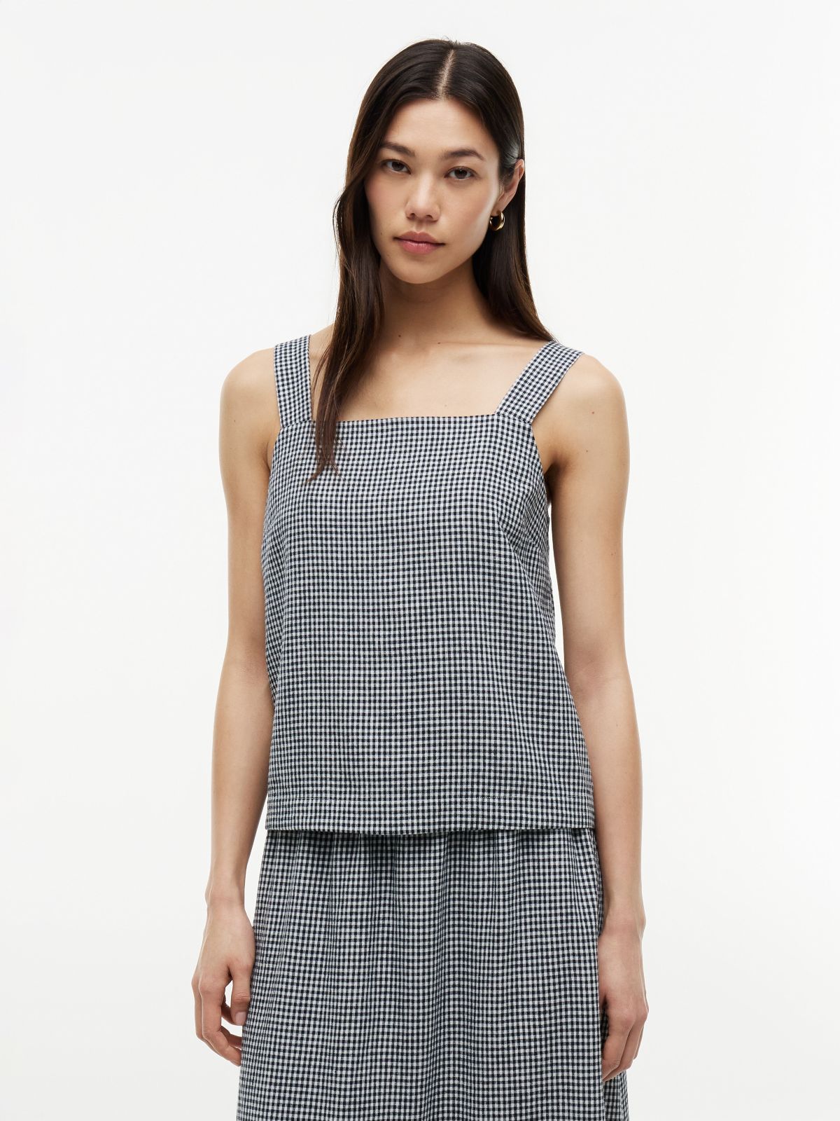 Gingham Linen-Blend Tank Top — Navy Blue