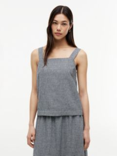 Gingham Linen-Blend Tank Top — Navy Blue 1