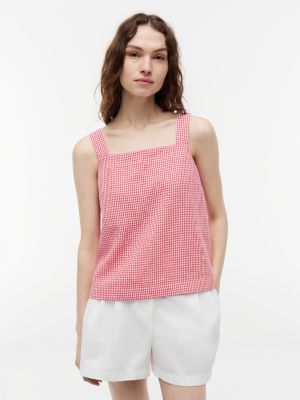 Gingham Linen-Blend Tank Top, Bold Rose