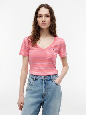 V-Neck Striped Favorite T-Shirt, Garden Rose / Coral Stripe