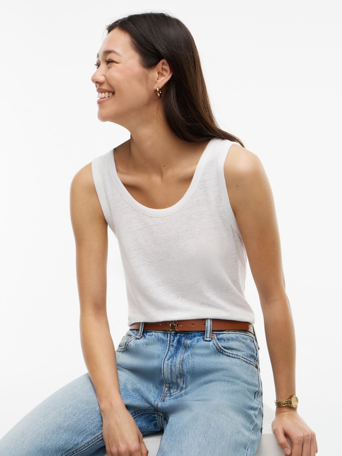 Linen-Blend Jersey Tank Top — Optic White