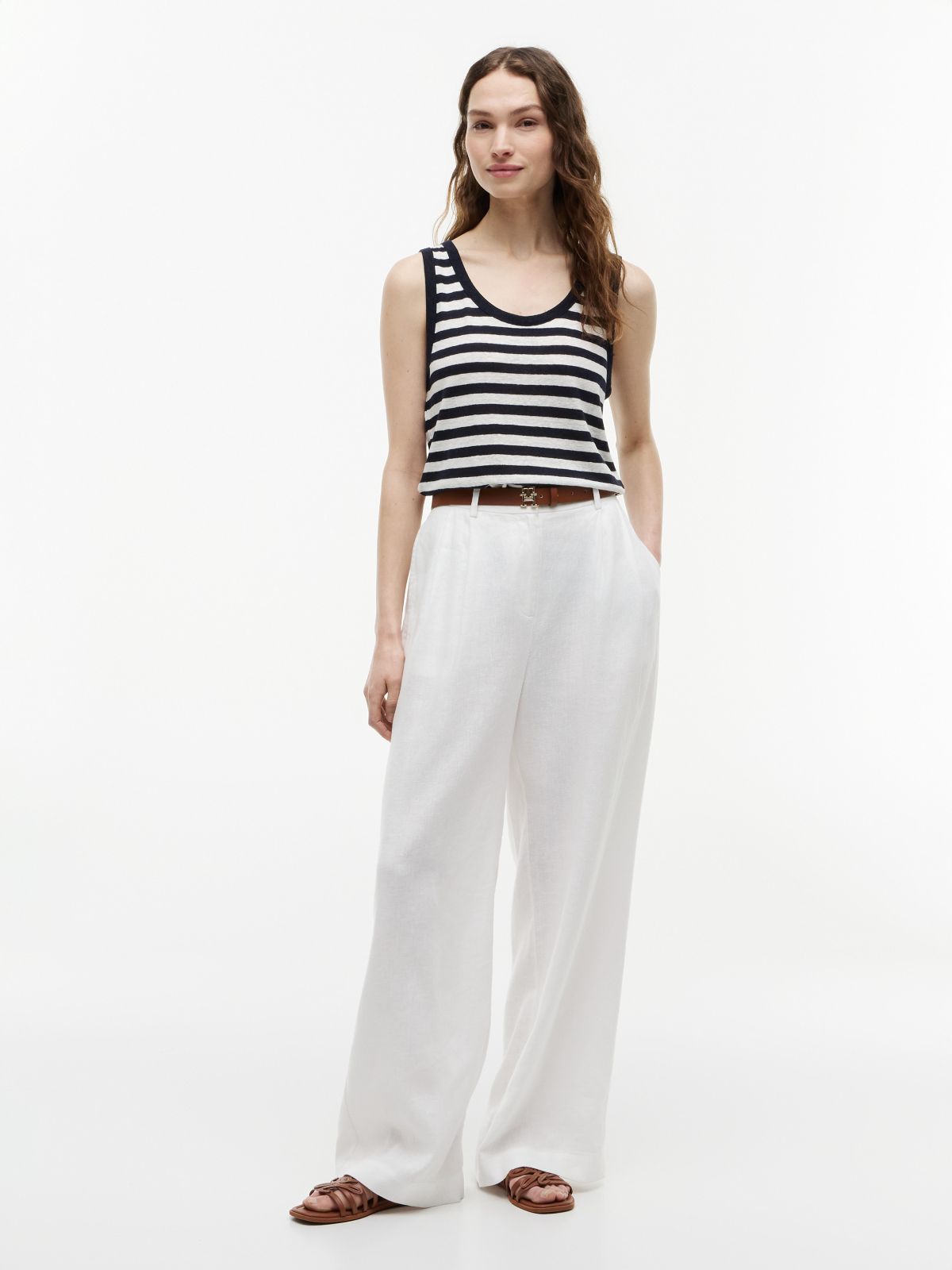 Striped Linen-Blend Jersey Tank Top — Navy Blue / Ivory Stripe