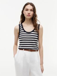 Striped Linen-Blend Jersey Tank Top — Navy Blue / Ivory Stripe 1