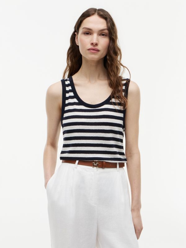 Striped Linen-Blend Jersey Tank Top — Navy Blue / Ivory Stripe