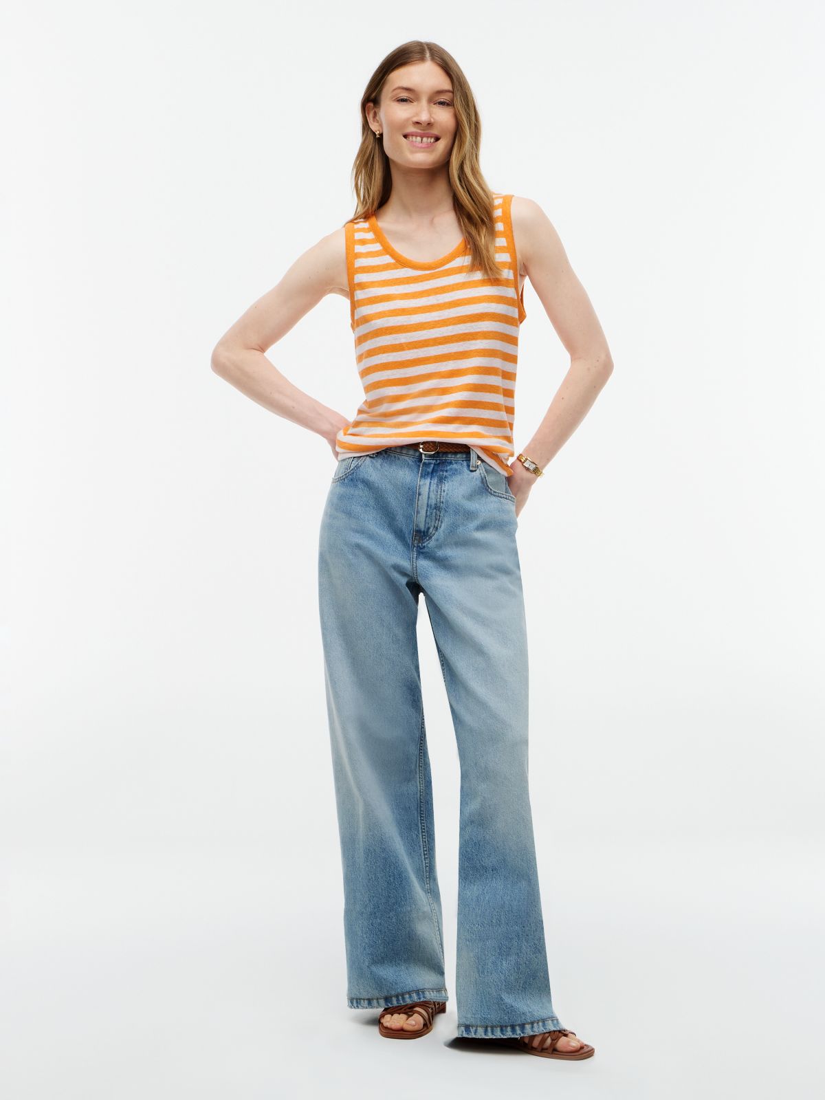 Striped Linen-Blend Jersey Tank Top — Papaya Ray