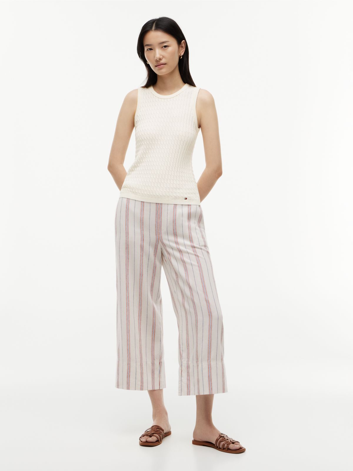 Stripe Linen-Blend Cropped Wide Leg Pant — Ecru