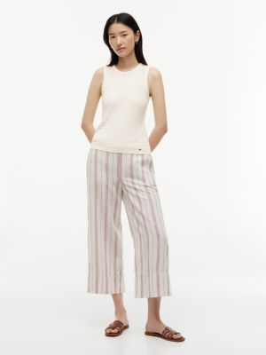 Stripe Linen-Blend Cropped Wide Leg Pant, Ecru