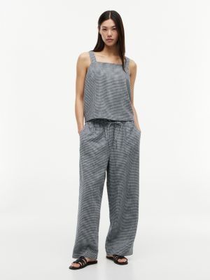 Gingham Linen-Blend Pull-On Pant, Navy Blue