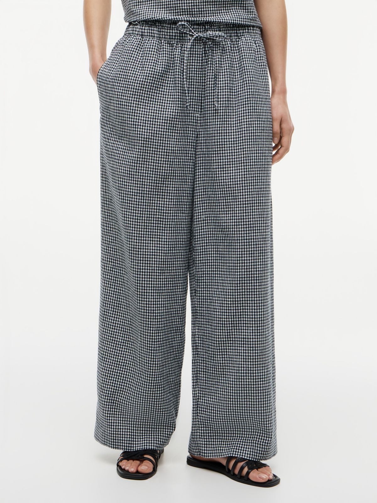 Gingham Linen-Blend Pull-On Pant — Navy Blue