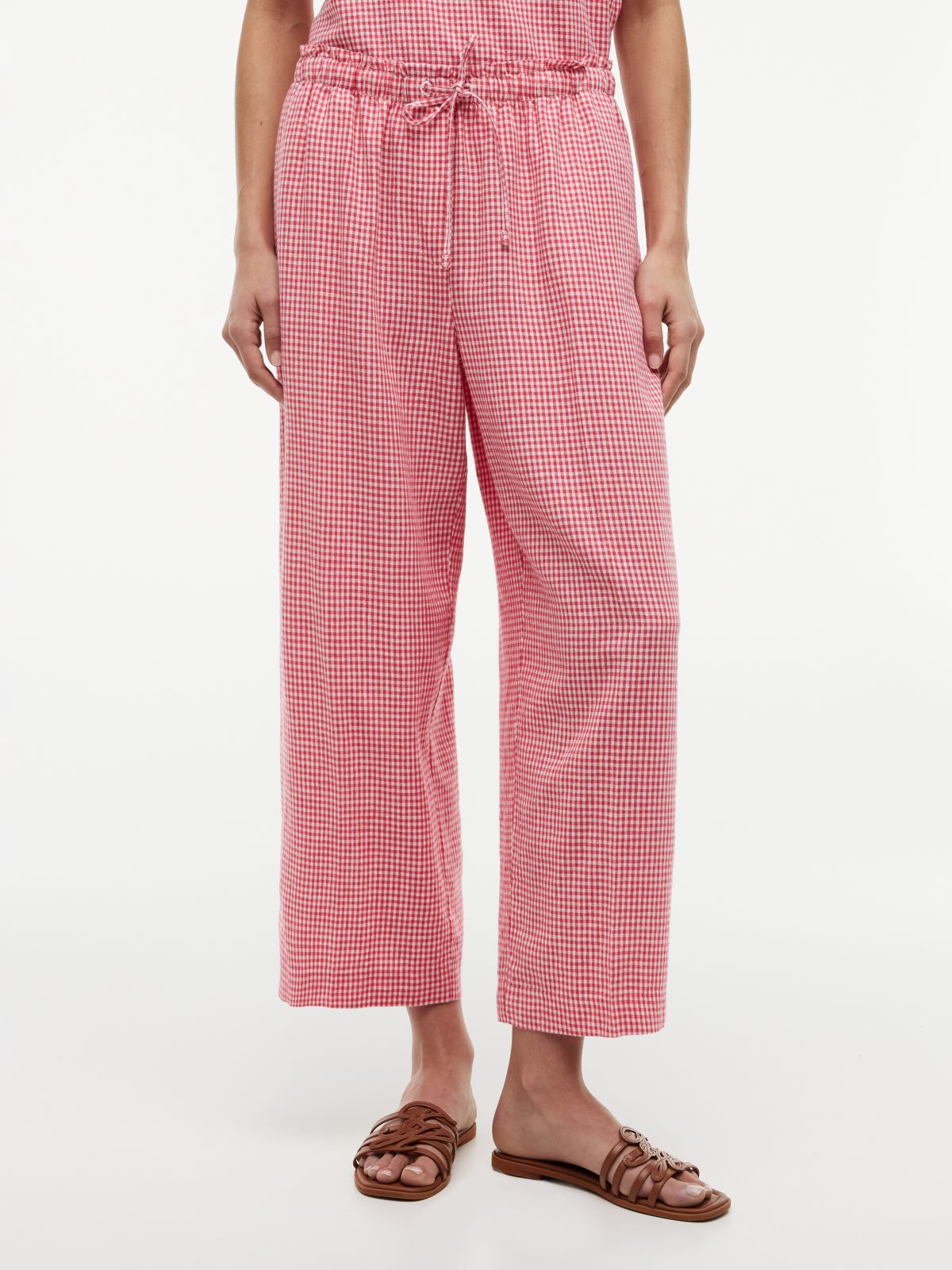 Gingham Linen-Blend Pull-On Pant — Bold Rose