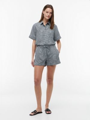 Gingham Linen-Blend Pull-On Short, Navy Blue