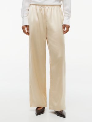 Stretch Satin Pull-On Wide-Leg Pant, Champagne