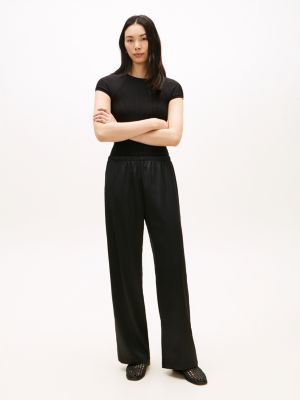 Stretch Satin Pull-On Wide-Leg Pant, Black