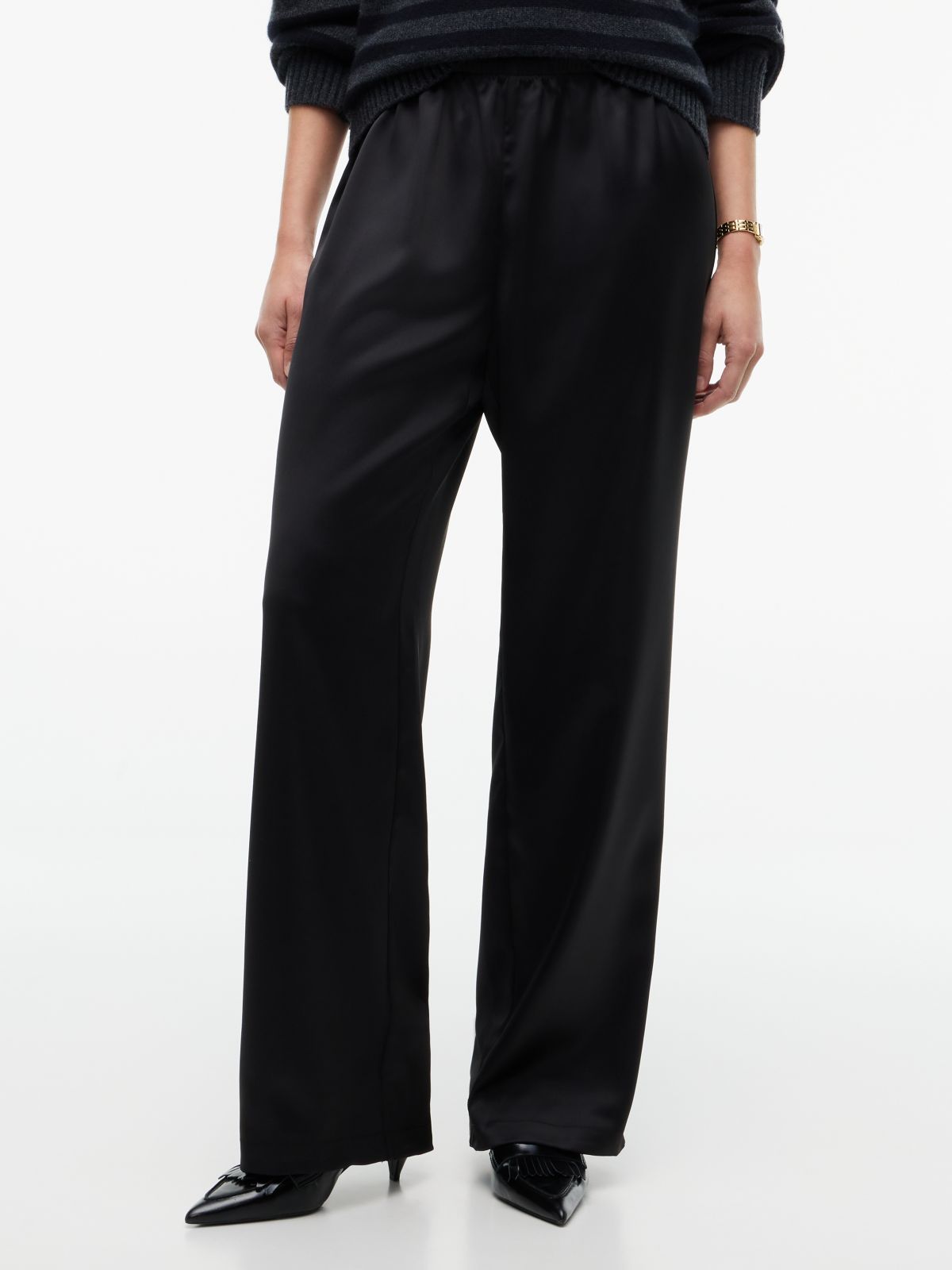 Stretch Satin Pull-On Wide-Leg Pant — Black