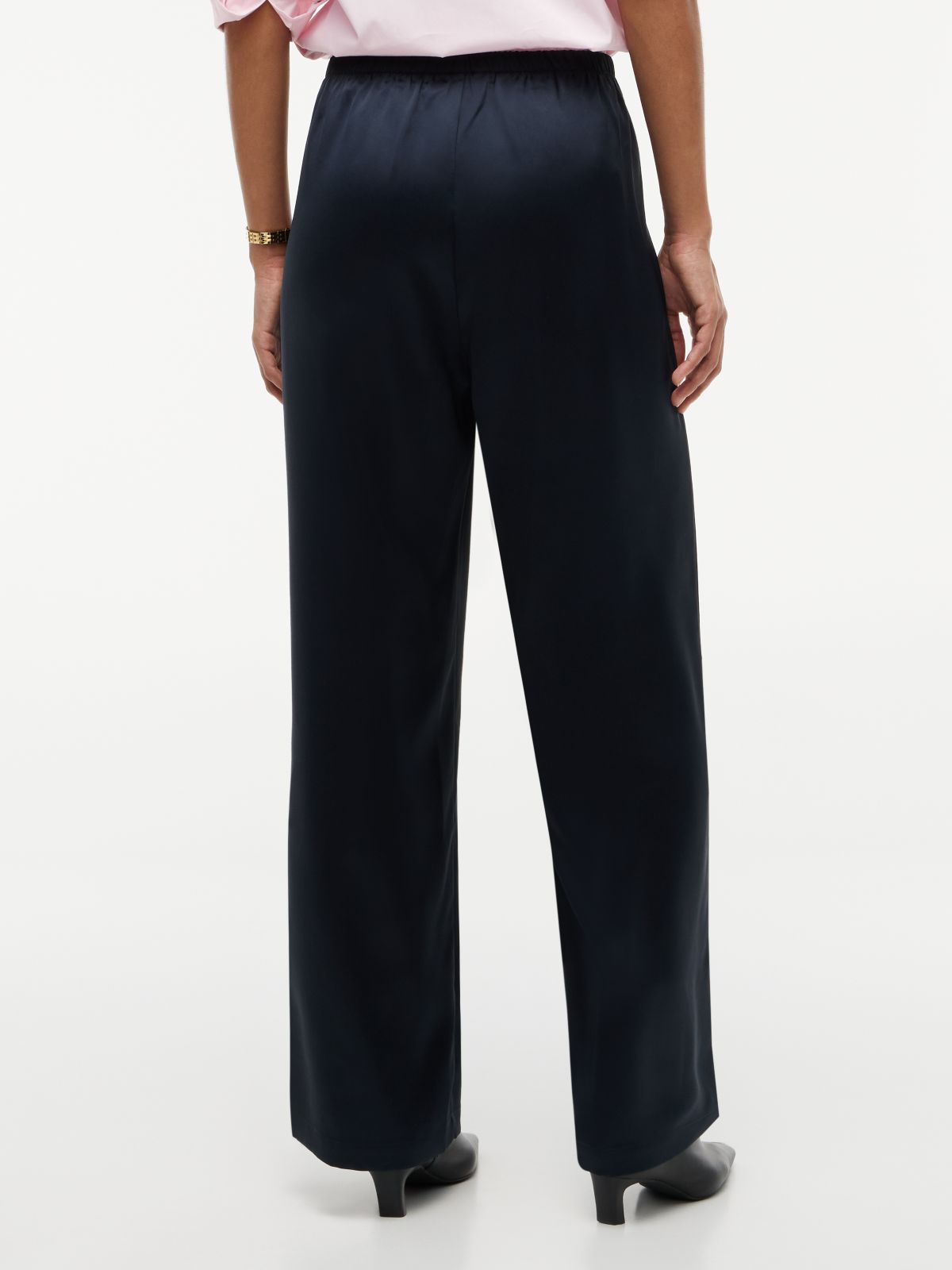 Stretch Satin Pull-On Wide-Leg Pant — Navy Blue