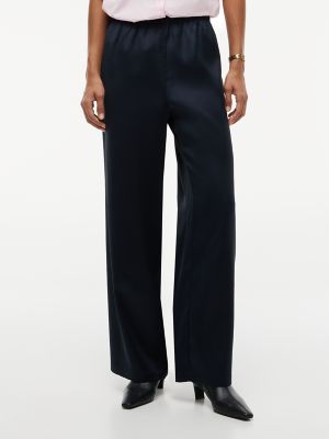 Stretch Satin Pull-On Wide-Leg Pant, Navy Blue
