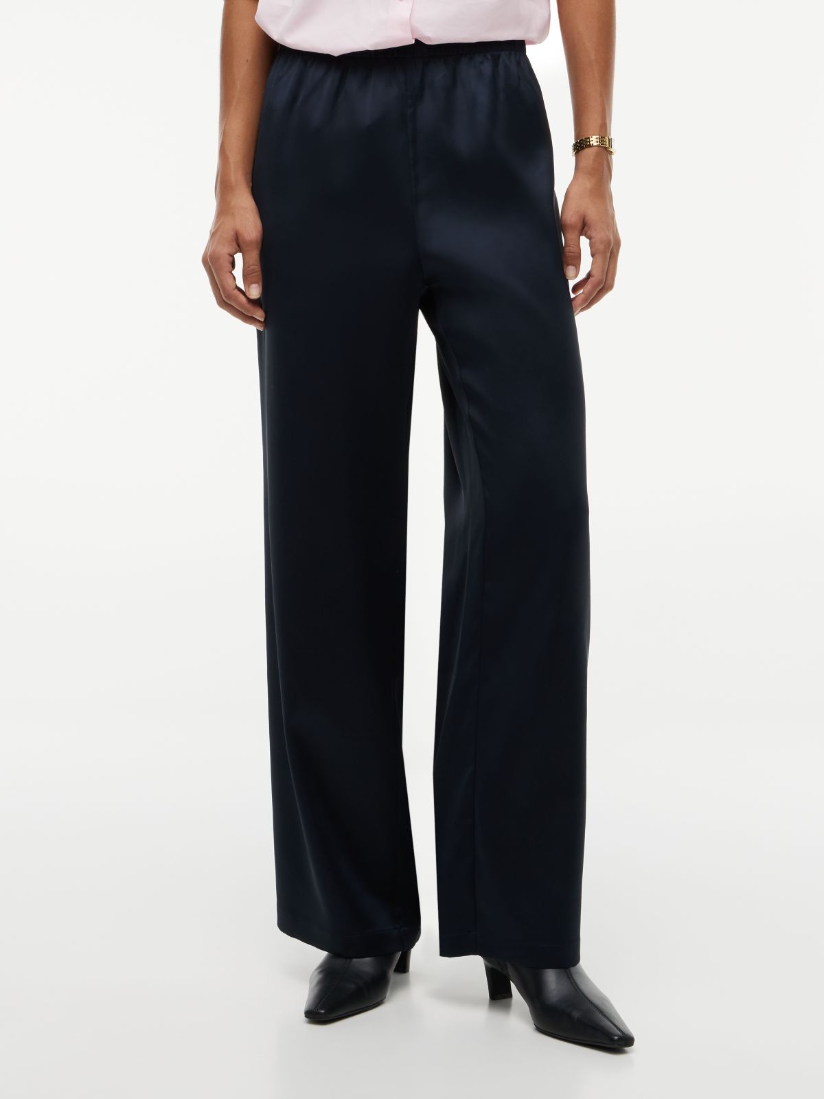 Stretch Satin Pull-On Wide-Leg Pant — Navy Blue
