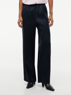 Stretch Satin Pull-On Wide-Leg Pant — Navy Blue 1
