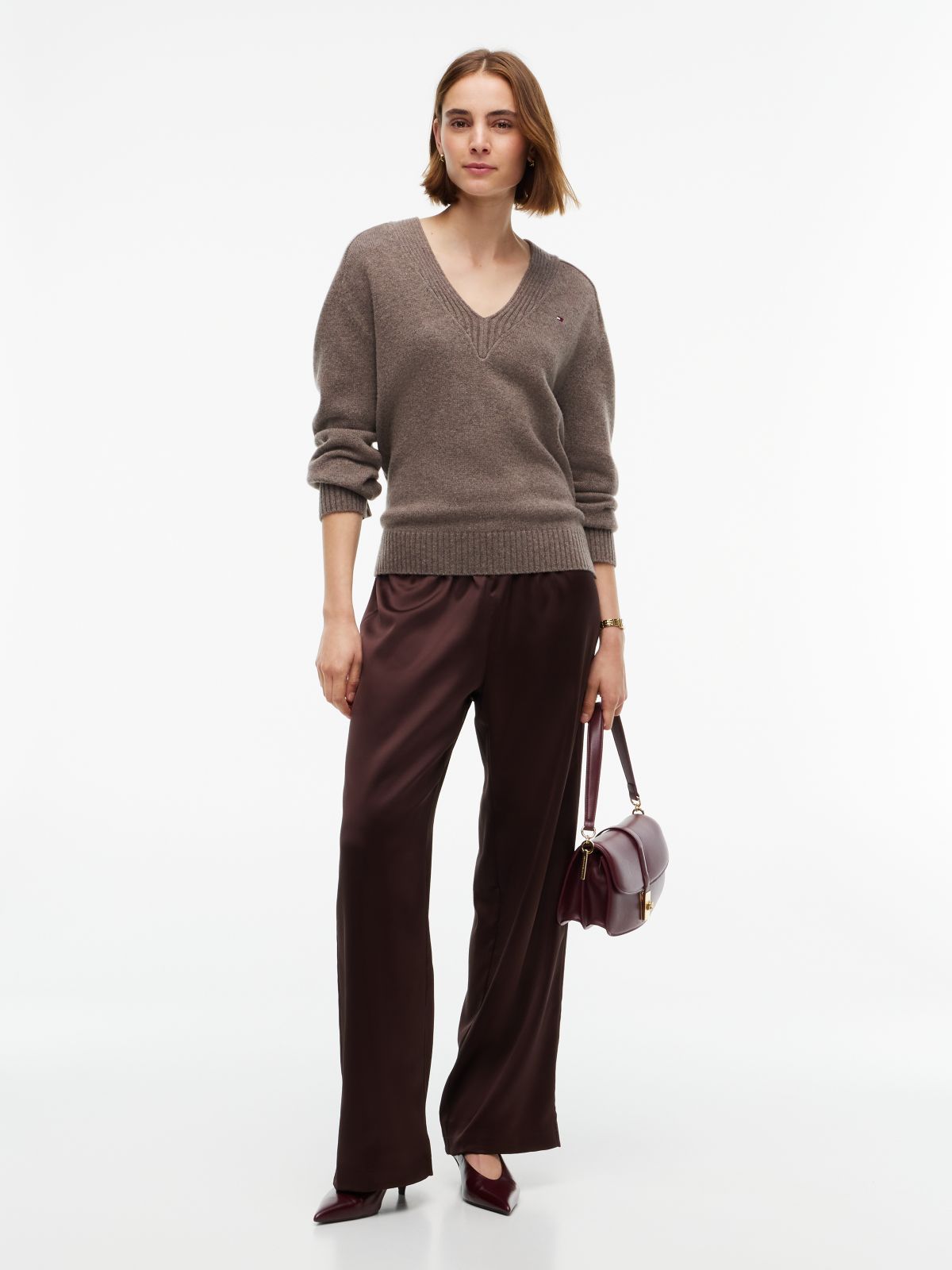 Stretch Satin Pull-On Wide-Leg Pant — Chocolate