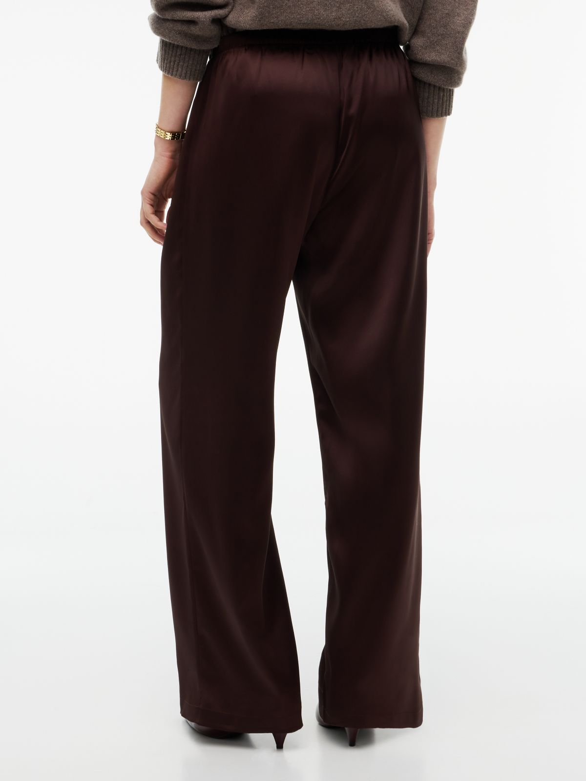 Stretch Satin Pull-On Wide-Leg Pant — Chocolate