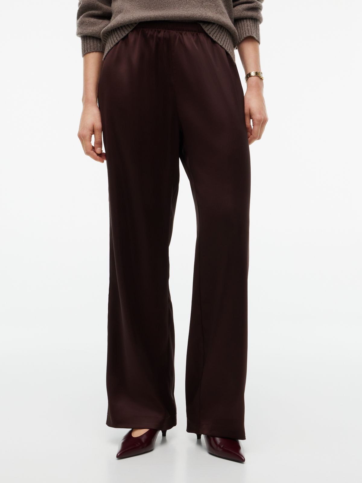 Stretch Satin Pull-On Wide-Leg Pant — Chocolate