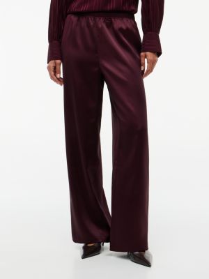 Stretch Satin Pull-On Wide-Leg Pant, Deep Burgundy