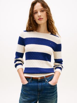 Rugby Stripe Cable Knit Sweater, Sugarcane