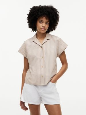 Striped Poplin Camp Shirt, Clayed Pebble