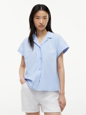 Striped Poplin Camp Shirt, Vessel Blue