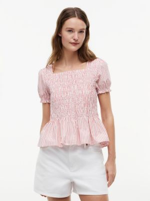 Striped Shirred Poplin Top, Precious Pink