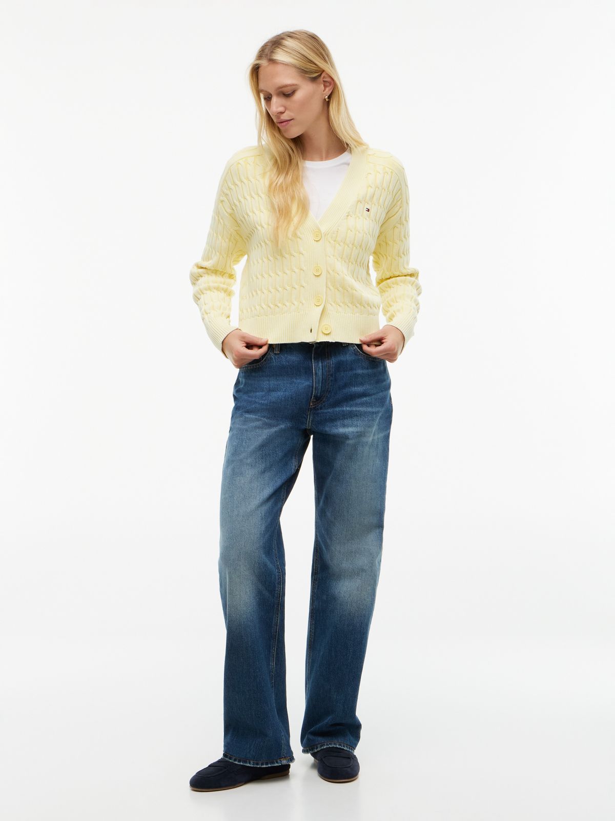 Garment-Dyed Cable Knit Cardigan — Citronella