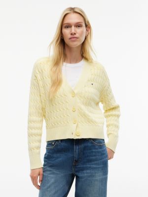 Garment-Dyed Cable Knit Cardigan, Citronella