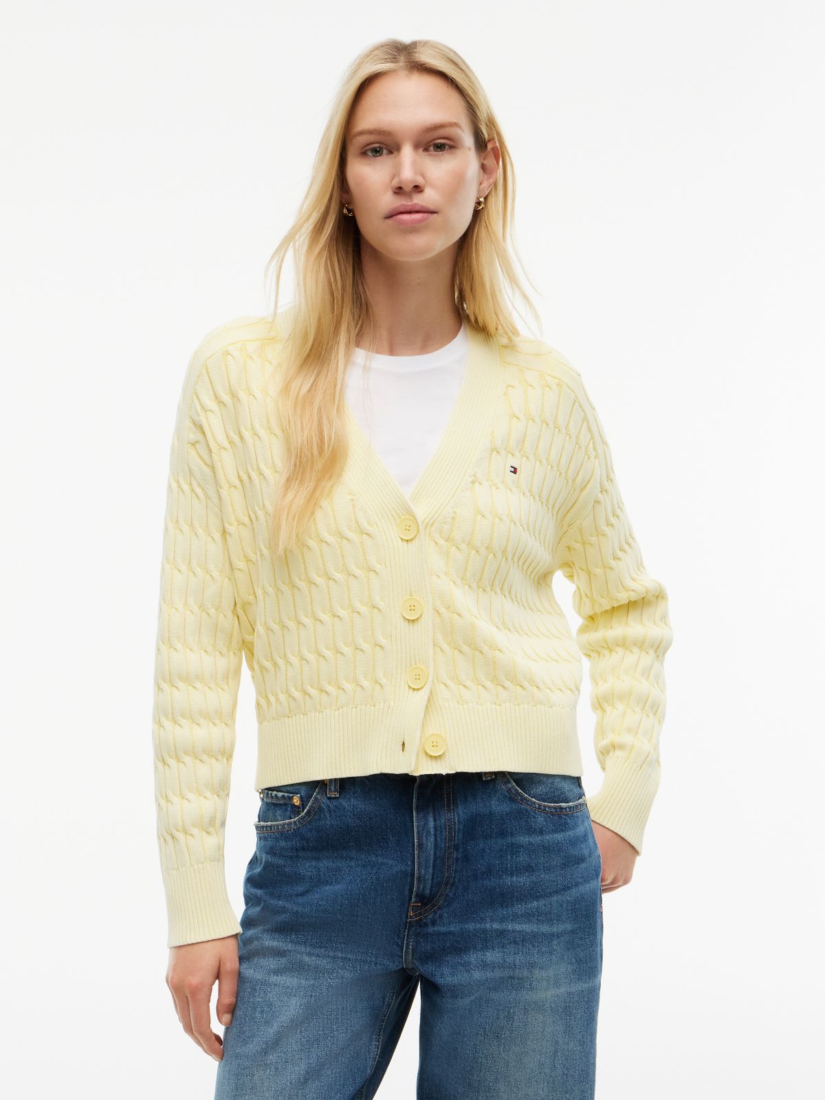 Garment-Dyed Cable Knit Cardigan — Citronella