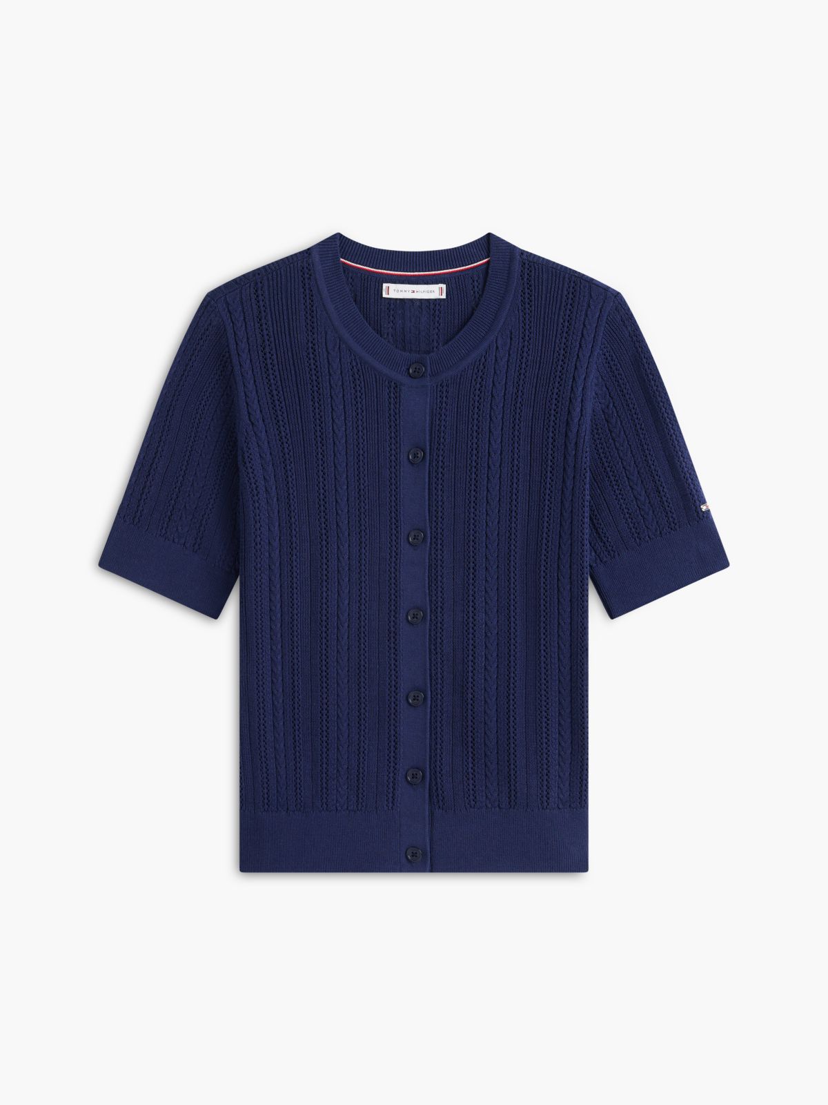 Short-Sleeve Mixed-Knit Cardigan — Preppy Navy