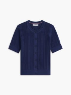 Short-Sleeve Mixed-Knit Cardigan — Preppy Navy 5