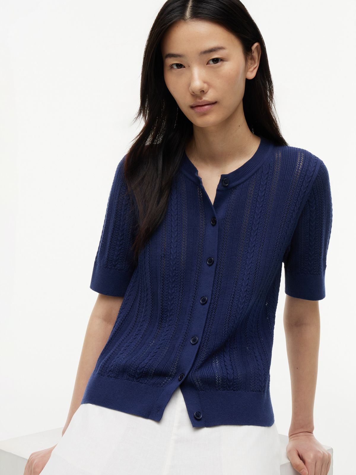 Short-Sleeve Mixed-Knit Cardigan — Preppy Navy
