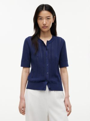 Short-Sleeve Mixed-Knit Cardigan, Preppy Navy