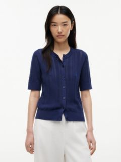Short-Sleeve Mixed-Knit Cardigan — Preppy Navy 1
