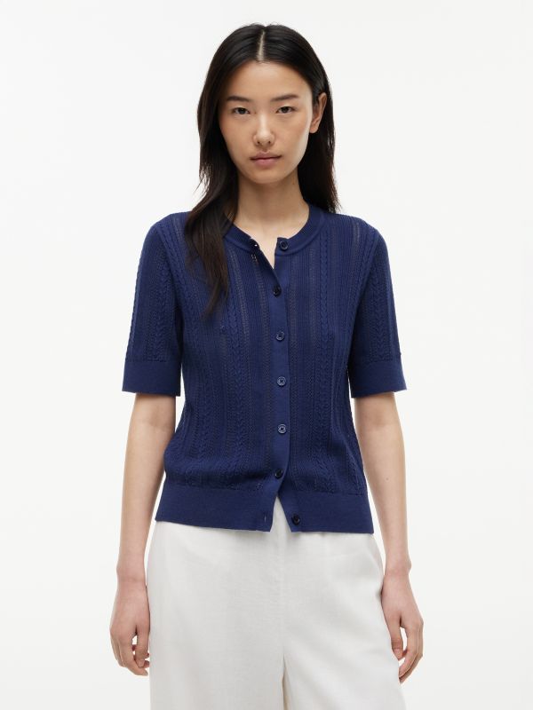 Short-Sleeve Mixed-Knit Cardigan — Preppy Navy