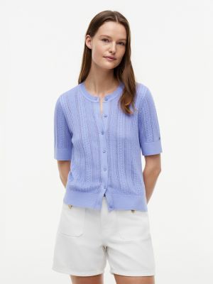 Short-Sleeve Mixed-Knit Cardigan, Thunder Lilac