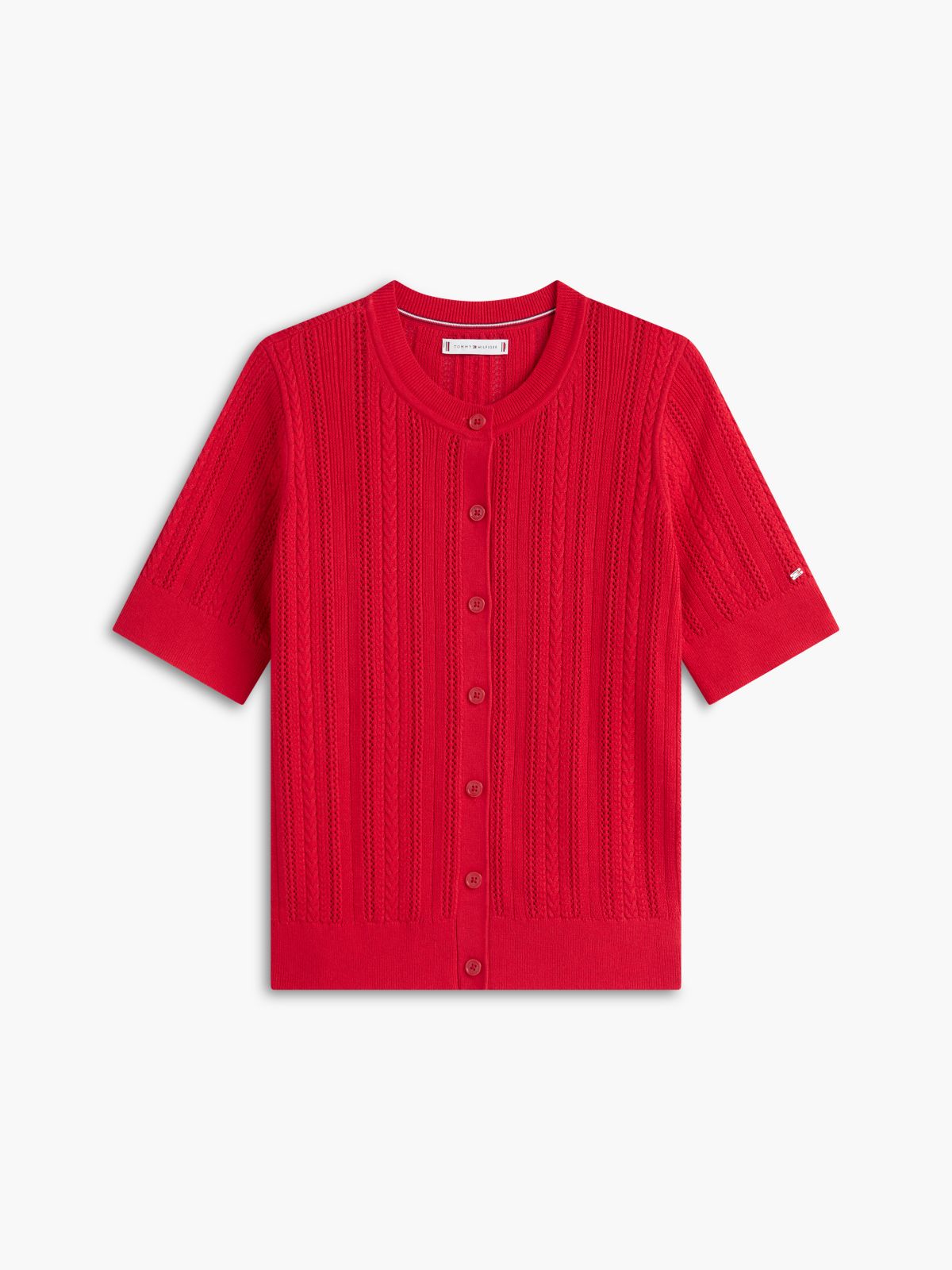 Short-Sleeve Mixed-Knit Cardigan — Primary Red