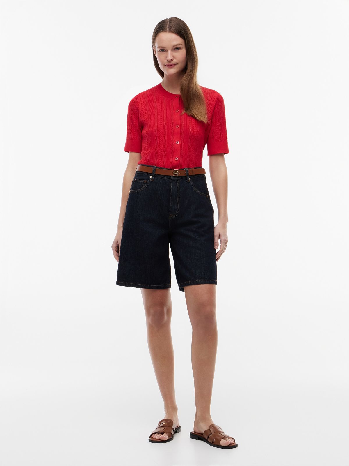 Short-Sleeve Mixed-Knit Cardigan — Primary Red