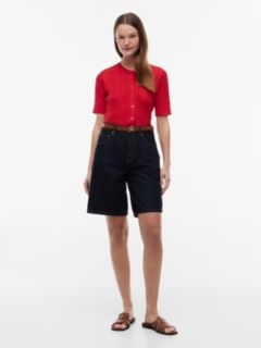 Short-Sleeve Mixed-Knit Cardigan — Primary Red 2