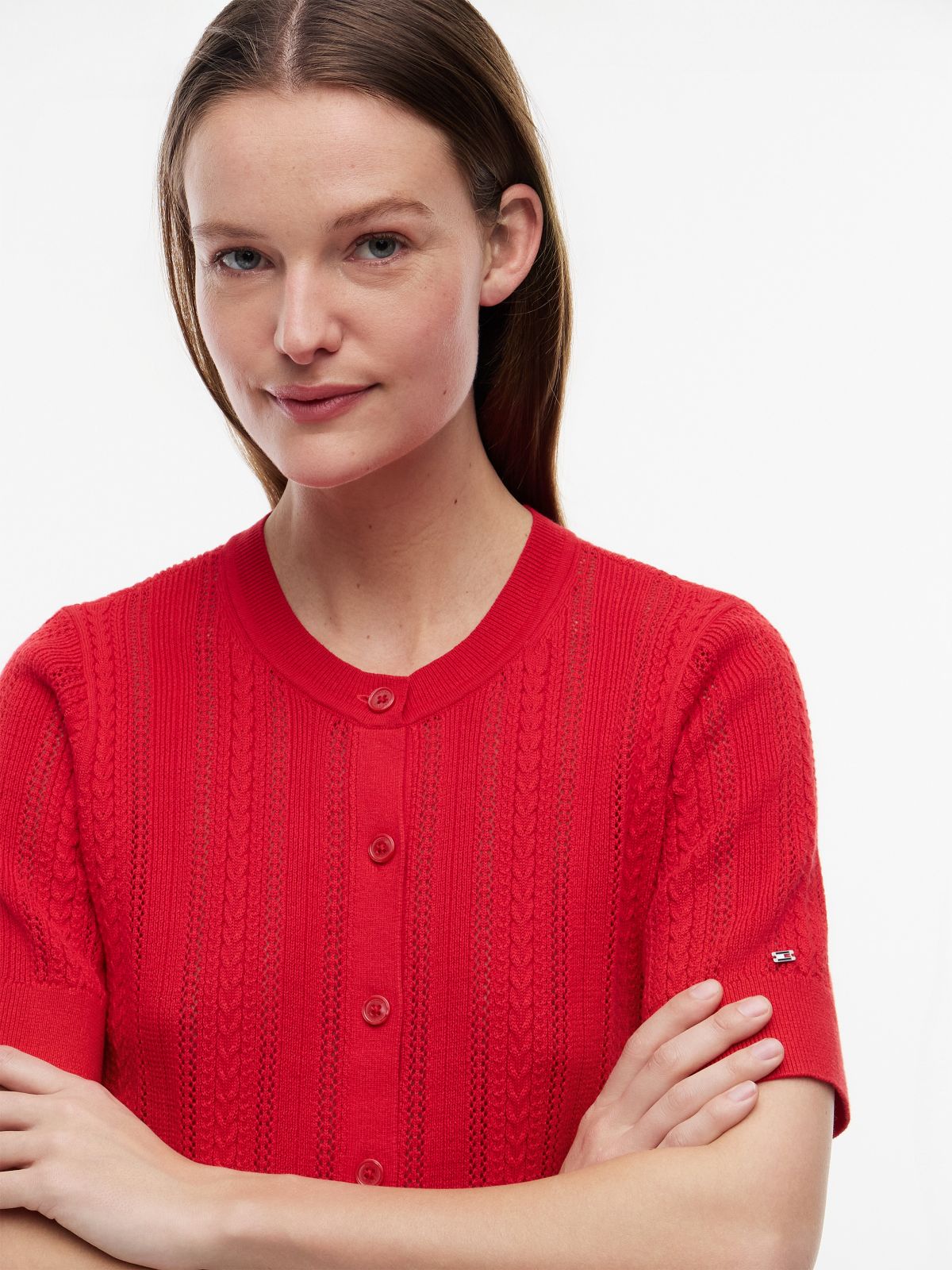 Short-Sleeve Mixed-Knit Cardigan — Primary Red