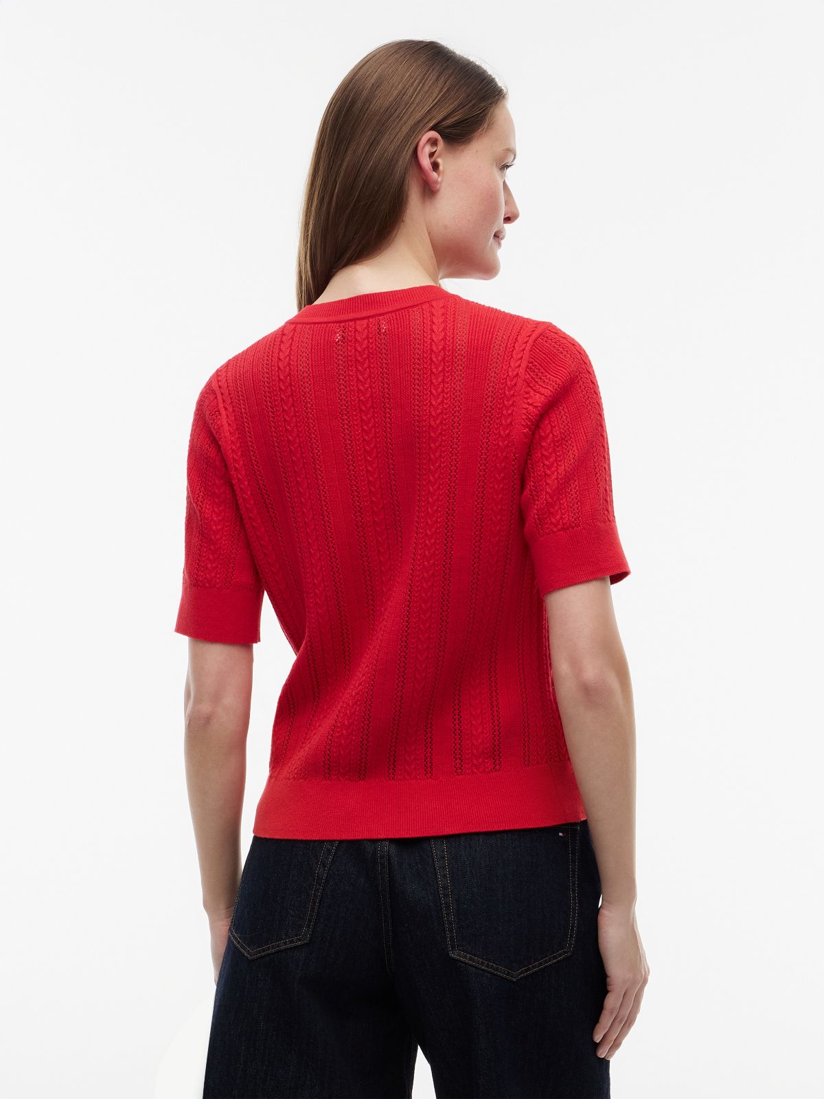 Short-Sleeve Mixed-Knit Cardigan — Primary Red