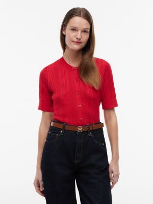 Short-Sleeve Mixed-Knit Cardigan, Primary Red