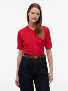 Short-Sleeve Mixed-Knit Cardigan — Primary Red 1