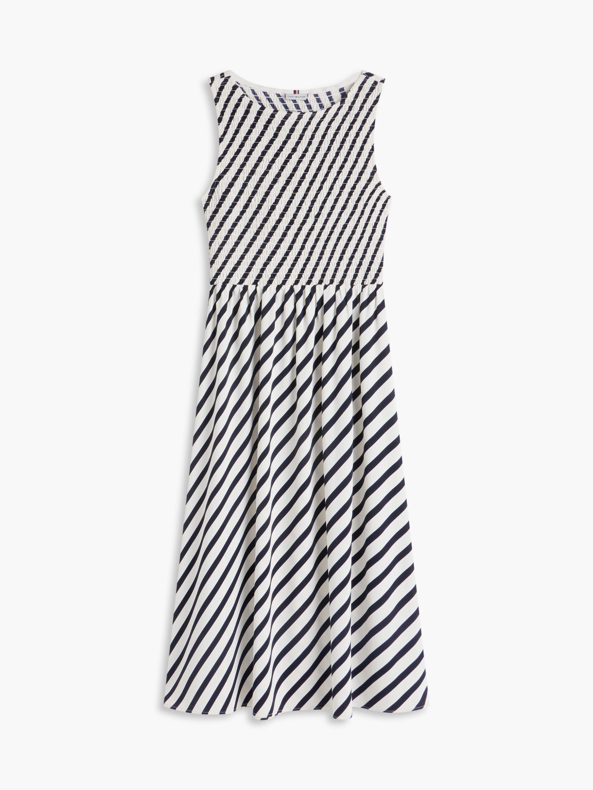 Striped Shirred Crepe Midi Dress — Navy Blue