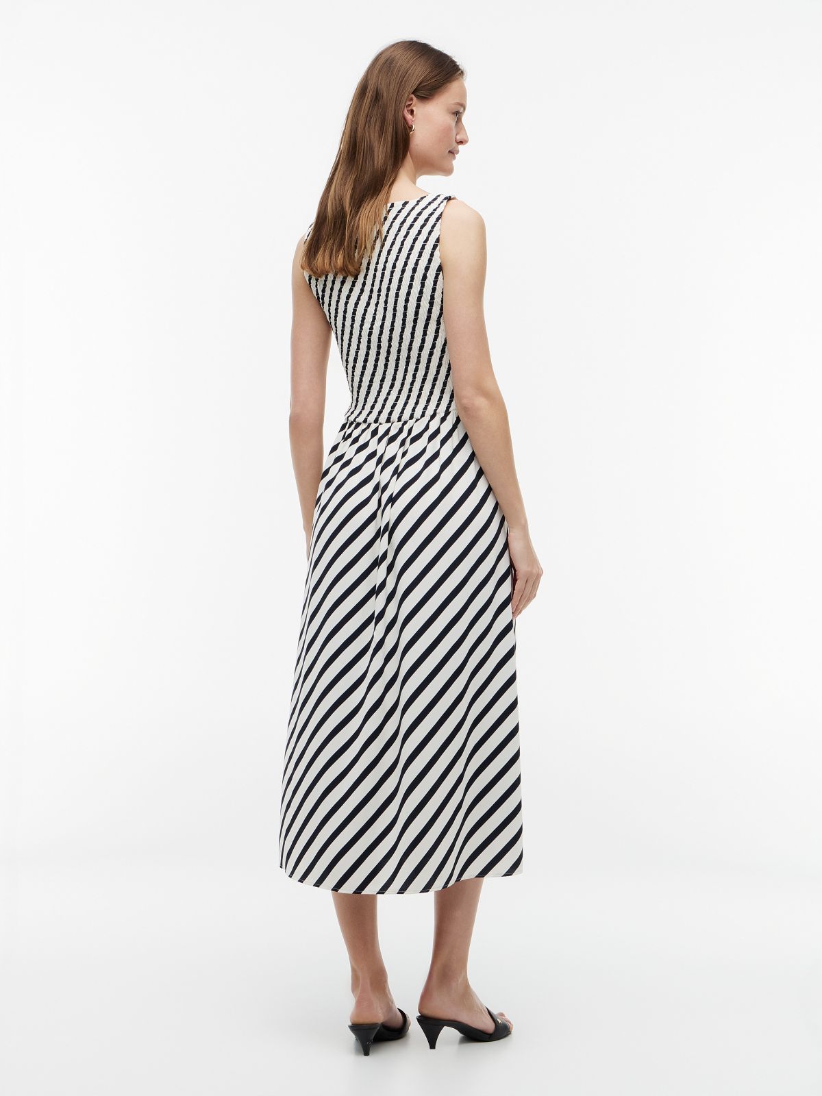 Striped Shirred Crepe Midi Dress — Navy Blue
